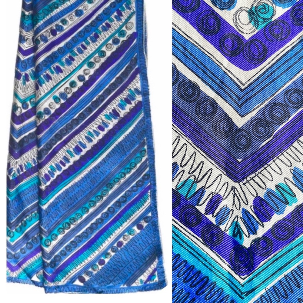 VERA Neumann Silk Scarf 1960s Abstract Pattern Turquoise Blue Purple Oblong